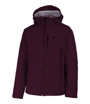 A maroon shell jacket featuring a front zip closure, zippered chest pocket, and two side zip pockets, with an adjustable hood.