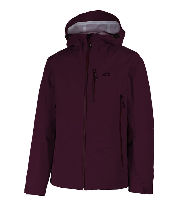 A maroon shell jacket featuring a front zip closure, zippered chest pocket, and two side zip pockets, with an adjustable hood.