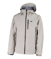 A beige shell jacket featuring a front zip closure, zippered chest pocket, and two side zip pockets, with an adjustable hood.