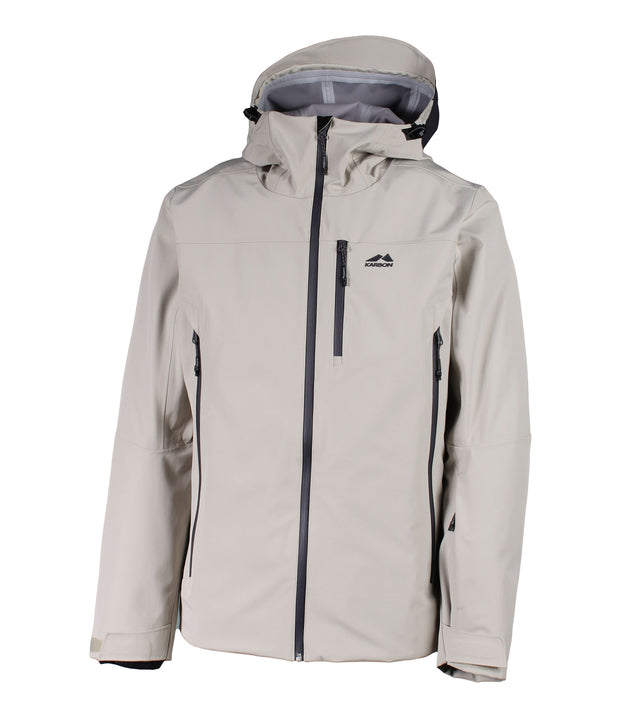 A beige shell jacket featuring a front zip closure, zippered chest pocket, and two side zip pockets, with an adjustable hood.