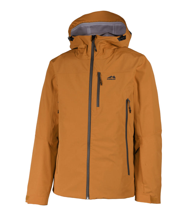 A brown shell jacket featuring a front zip closure, zippered chest pocket, and two side zip pockets, with an adjustable hood.