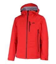 A red shell jacket featuring a front zip closure, zippered chest pocket, and two side zip pockets, with an adjustable hood.