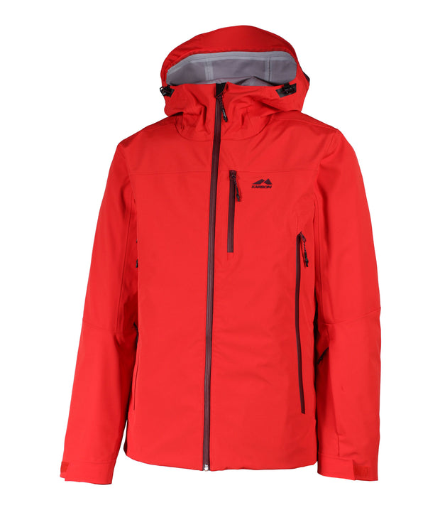 A red shell jacket featuring a front zip closure, zippered chest pocket, and two side zip pockets, with an adjustable hood.