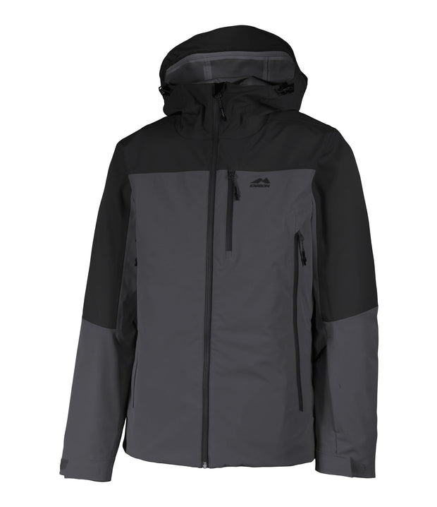 A two-tone shell jacket with a black hood, shoulders, and upper chest, paired with a dark charcoal grey body and sleeves. The jacket features a front zip closure, zippered chest pocket, and two side zip pockets, with an adjustable hood.