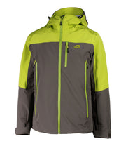 A two-tone shell jacket with a lime green hood, shoulders, and upper chest, paired with a dark green body and sleeves. The jacket features a front zip closure, zippered chest pocket, and two side zip pockets, with an adjustable hood.