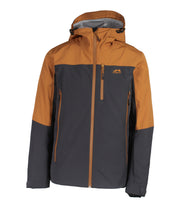 A two-tone shell jacket with a brown hood, shoulders, and upper chest, paired with a dark charcoal grey body and sleeves. The jacket features a front zip closure, zippered chest pocket, and two side zip pockets, with an adjustable hood.