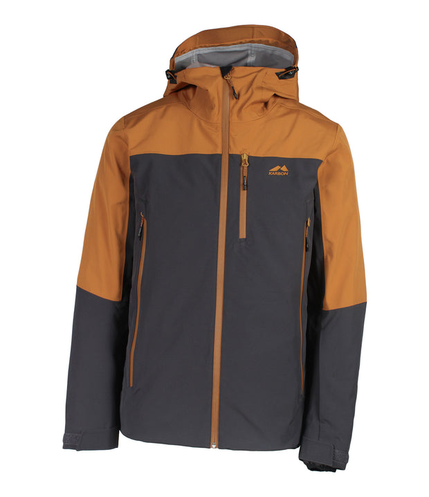 A two-tone shell jacket with a brown hood, shoulders, and upper chest, paired with a dark charcoal grey body and sleeves. The jacket features a front zip closure, zippered chest pocket, and two side zip pockets, with an adjustable hood.