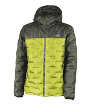 A two-tone puffer with a dark green hood, shoulders, upper chest, and sleeves paired with a lime green body. The jacket features welded baffle construction, a front zip closure and two side zip pockets.