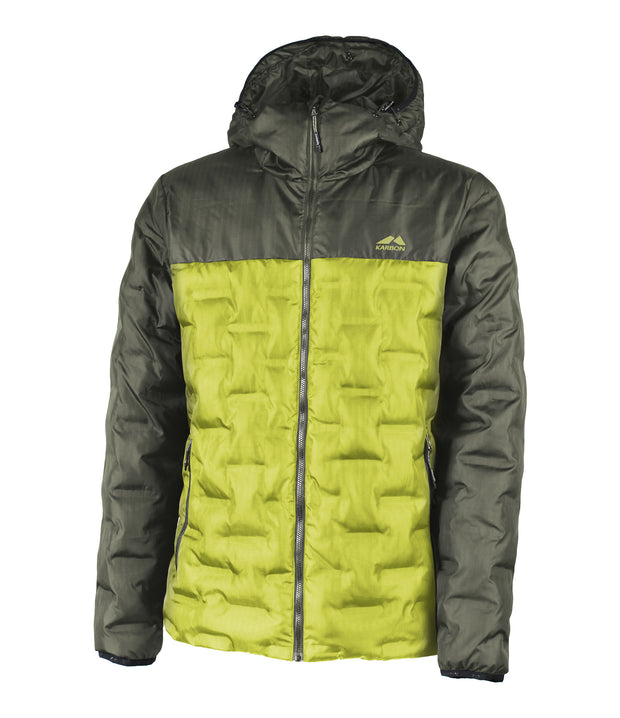 A two-tone puffer with a dark green hood, shoulders, upper chest, and sleeves paired with a lime green body. The jacket features welded baffle construction, a front zip closure and two side zip pockets.