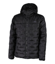 A black puffer featuring welded baffle construction, a front zip closure and two side zip pockets.