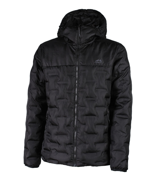 A black puffer featuring welded baffle construction, a front zip closure and two side zip pockets.
