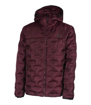 A maroon puffer featuring welded baffle construction, a front zip closure and two side zip pockets.