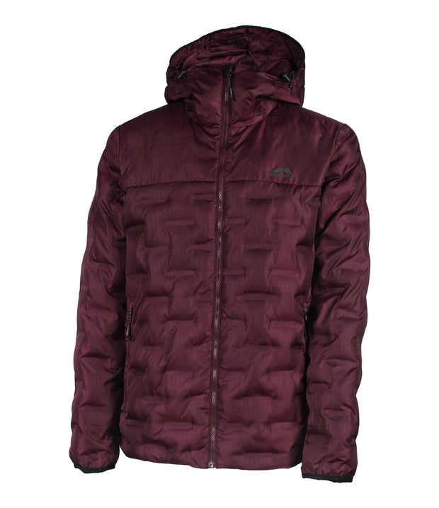 A maroon puffer featuring welded baffle construction, a front zip closure and two side zip pockets.