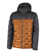 A two-tone puffer with a grey hood, shoulders, upper chest, and sleeves paired with a brown body. The jacket features welded baffle construction, a front zip closure and two side zip pockets.