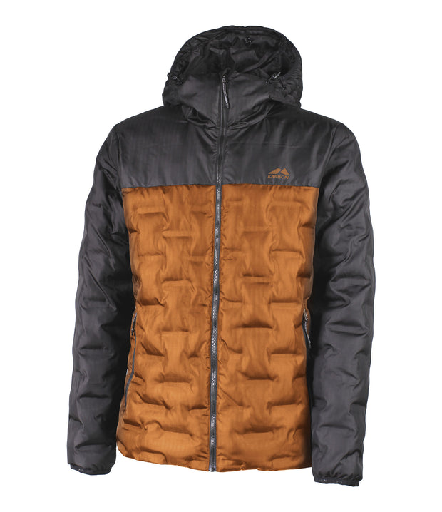 A two-tone puffer with a grey hood, shoulders, upper chest, and sleeves paired with a brown body. The jacket features welded baffle construction, a front zip closure and two side zip pockets.