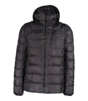A grey puffer featuring a front zip closure, zippered chest pocket, and two side zip pockets, with an adjustable hood.