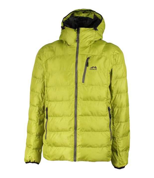 A green puffer featuring a front zip closure, zippered chest pocket, and two side zip pockets, with an adjustable hood.
