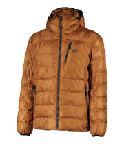 A brown puffer featuring a front zip closure, zippered chest pocket, and two side zip pockets, with an adjustable hood.
