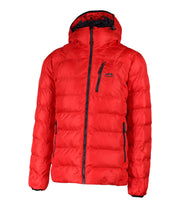 A red puffer featuring a front zip closure, zippered chest pocket, and two side zip pockets, with an adjustable hood.