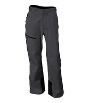 A pair of dark grey shell pants with half-length side zippers, zippered hand pockets, a thigh pocket and an adjustable waistband.