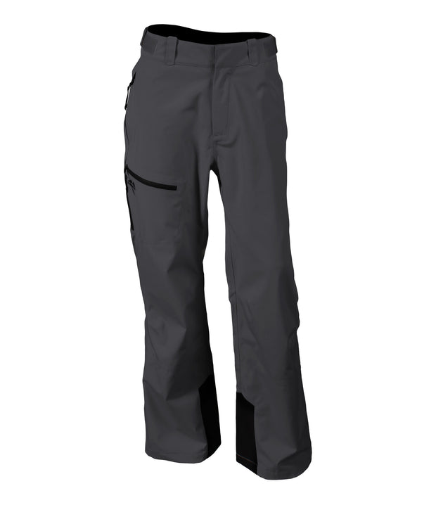 A pair of dark grey shell pants with half-length side zippers, zippered hand pockets, a thigh pocket and an adjustable waistband.