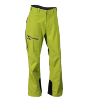 A pair of green shell pants with half-length side zippers, zippered hand pockets, a thigh pocket and an adjustable waistband.