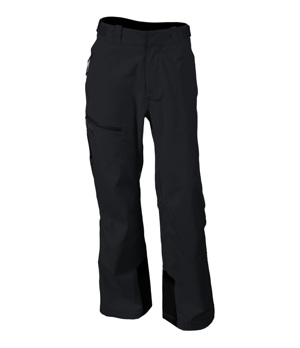 A pair of black shell pants with half-length side zippers, zippered hand pockets, a thigh pocket and an adjustable waistband.