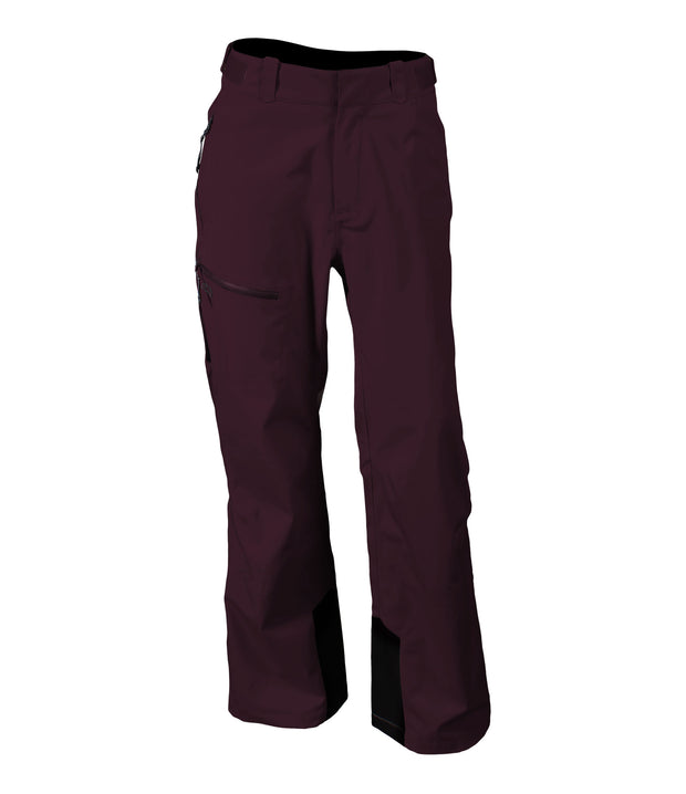 A pair of maroon shell pants with half-length side zippers, zippered hand pockets, a thigh pocket and an adjustable waistband.