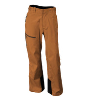 A pair of brown shell pants with half-length side zippers, zippered hand pockets, a thigh pocket and an adjustable waistband.