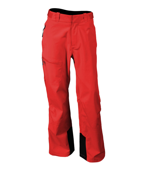 A pair of red shell pants with half-length side zippers, zippered hand pockets, a thigh pocket and an adjustable waistband.
