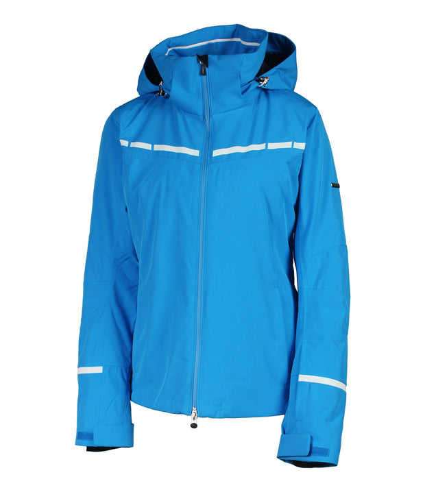 Light blue women's jacket with white accents on the chest and near the wrists and a front zippered closure.