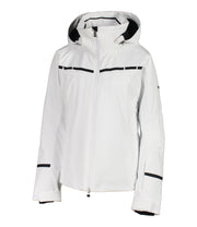 White women's jacket with black accents on the chest and near the wrists and a front zippered closure.