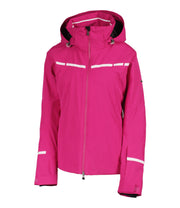 Bright Pink women's jacket with white accents on the chest and near the wrists and a front zippered closure.