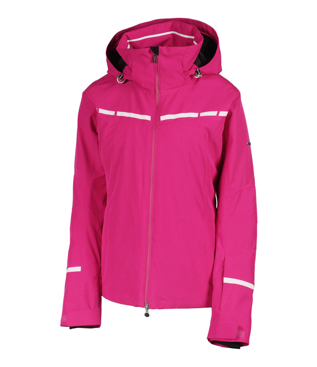 Bright Pink women's jacket with white accents on the chest and near the wrists and a front zippered closure.