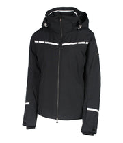 Black women's jacket with white accents on the chest and near the wrists and a front zippered closure.