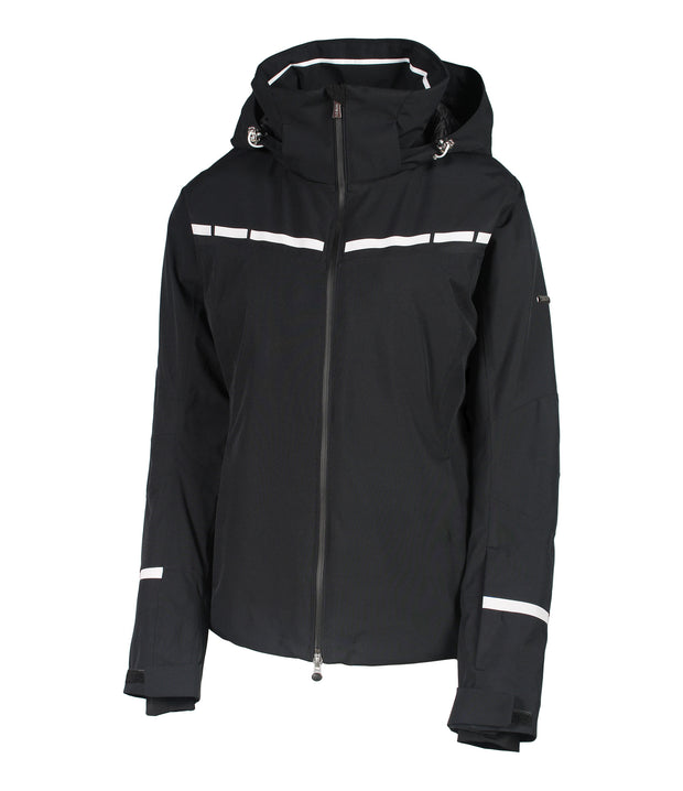 Black women's jacket with white accents on the chest and near the wrists and a front zippered closure.