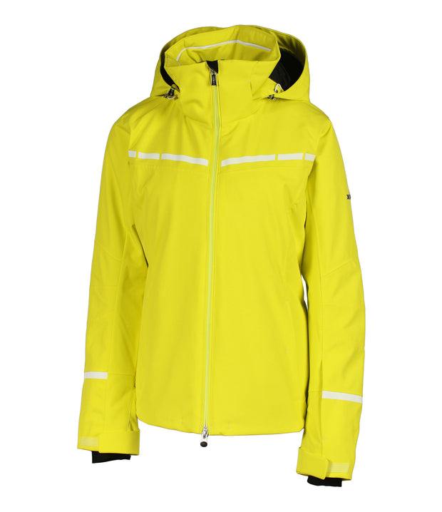 Yellow women's jacket with white accents on the chest and near the wrists and a front zippered closure.