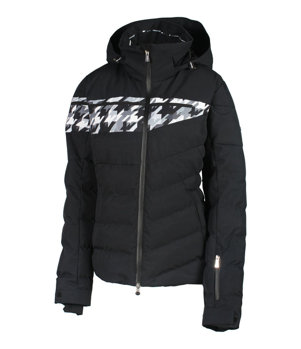 Women’s insulated puffer jacket in black with houndstooth pattern accents across the chest.