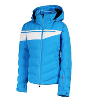 Women’s insulated puffer jacket in blue with white accents across the chest.