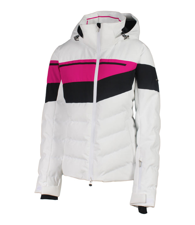 Women’s insulated puffer jacket in black with white and yellow accents across the chest.