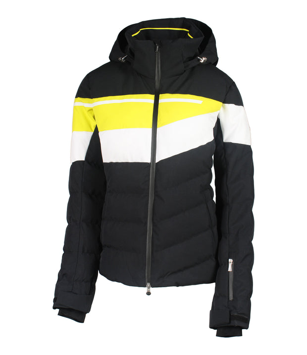 Women’s insulated puffer jacket in black with white and yellow accents across the chest.