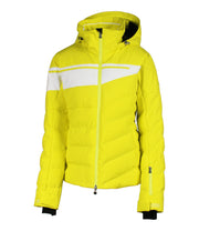 Women’s insulated puffer jacket in yellow with white accents across the chest.