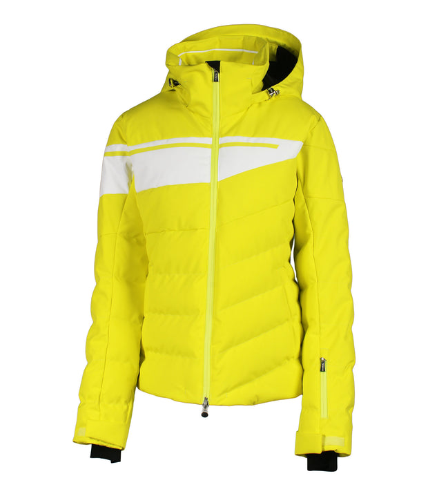 Women’s insulated puffer jacket in yellow with white accents across the chest.
