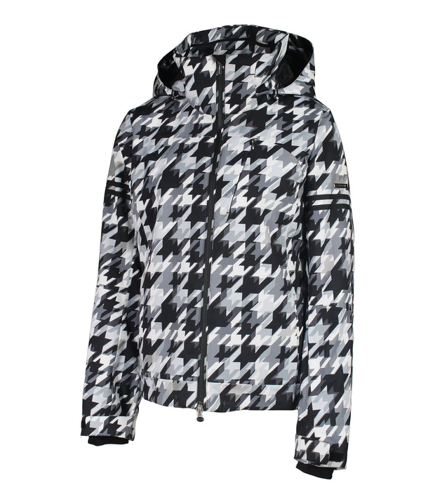 A houndstooth pattern insulated jacket with a hood, featuring black stripe details on the sleeves and a full zipper for women.