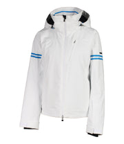 A white insulated jacket with a hood, featuring blue stripe details on the sleeves and a full zipper for women.