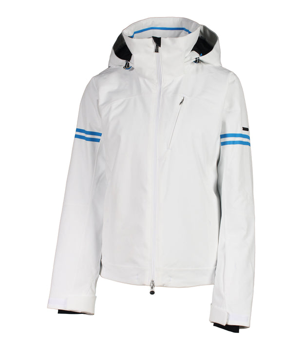 A white insulated jacket with a hood, featuring blue stripe details on the sleeves and a full zipper for women.