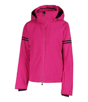 A pink insulated jacket with a hood, featuring black stripe details on the sleeves and a full zipper for women.