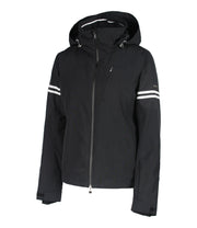 A black insulated jacket with a hood, featuring white stripe details on the sleeves and a full zipper for women.