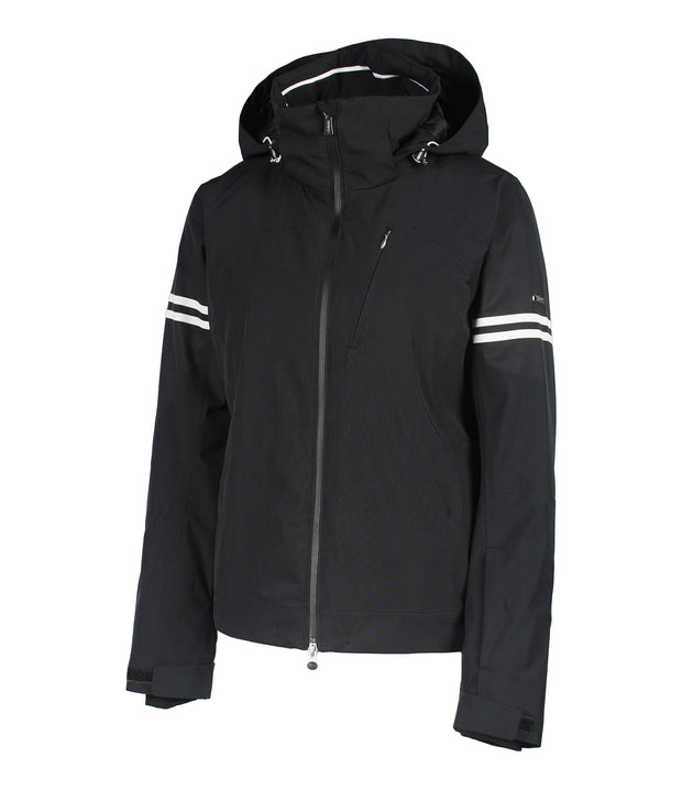 A black insulated jacket with a hood, featuring white stripe details on the sleeves and a full zipper for women.