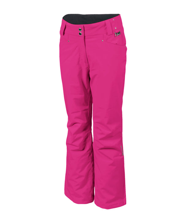A pair of pink insulated pants for women, featuring a full zipper, adjustable waistband, and reinforced crotch construction.
